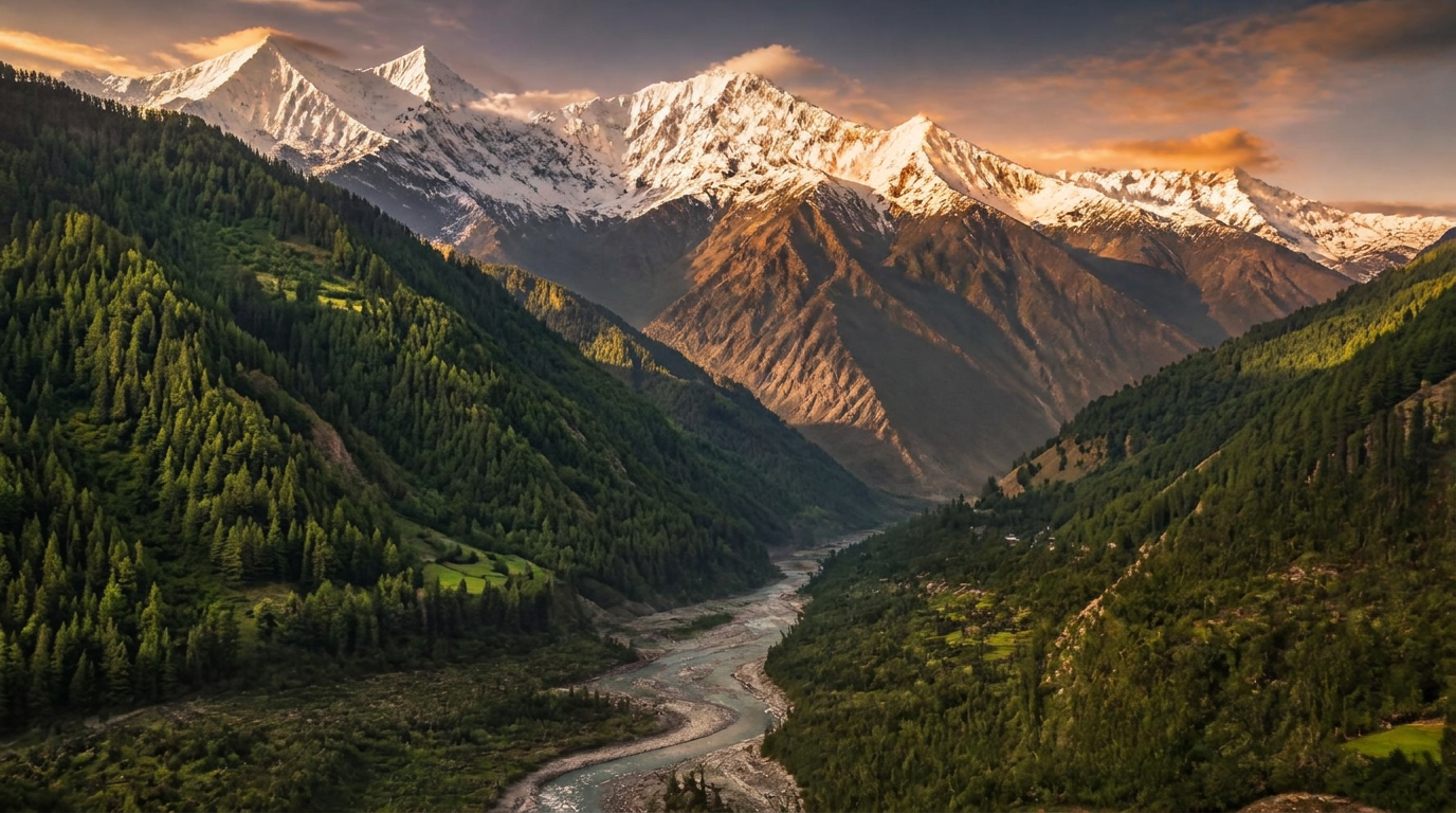Snow-capped Karakoram peaks above a green river valley at golden hour